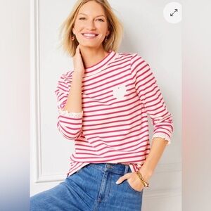 Talbots Eyelet Trim Mockneck Top – Pink Stripe Cotton Pullover – Size 2X